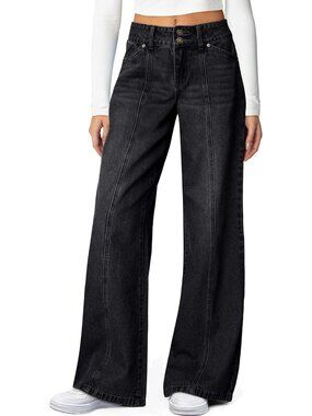Women's Black High Waisted Stretchy Jeans Seamed Front Double Buttons Wide Leg